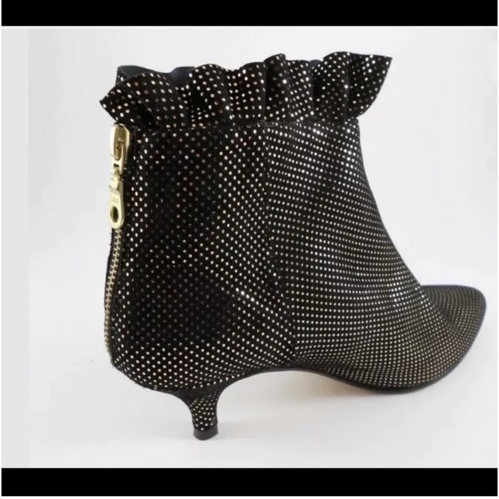 Anthropologie Emma Go bronze black ruffle kitten heel boots booties 37 New RARE